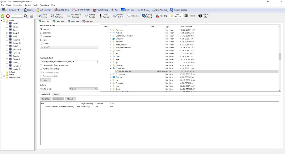 envío de archivos al ordenador de un empleado